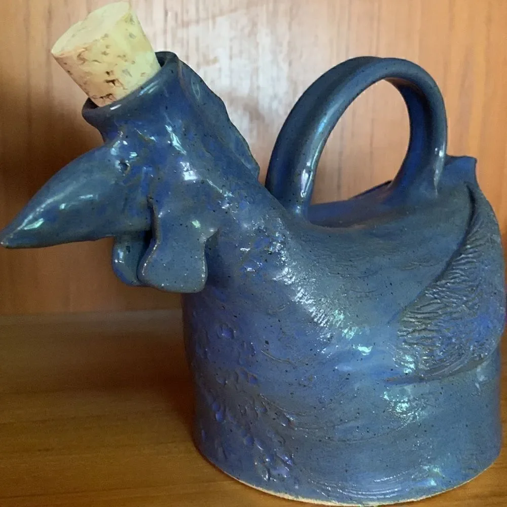Hand Crafted Clay Oil Dispenser Rooster Blue Pottery